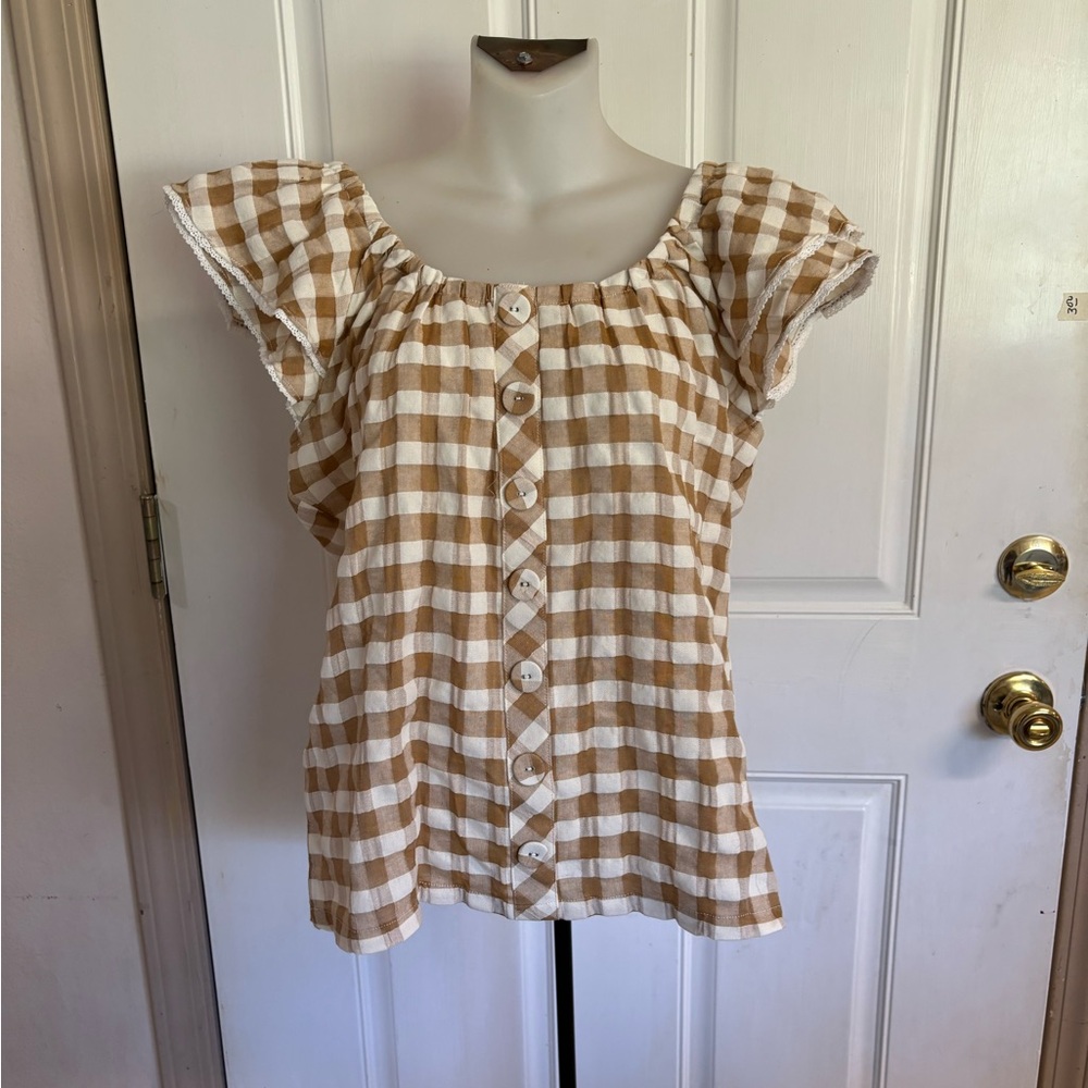 NWT Small Matilda Jane tan/Cream Farmhouse gingham print off/on shoulder top